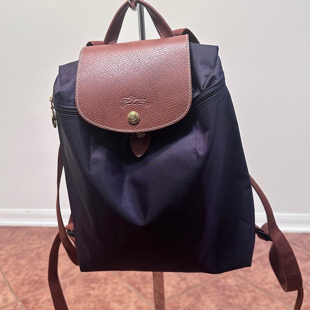 Longchamp Le Pliage Nylon Leather Trim Backpack Women Small Navy Blue
